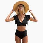 Womens Stretch Fabric High-Waisted Bikini Set | Playful Ruffle Sleeve Summer Swimwear 1