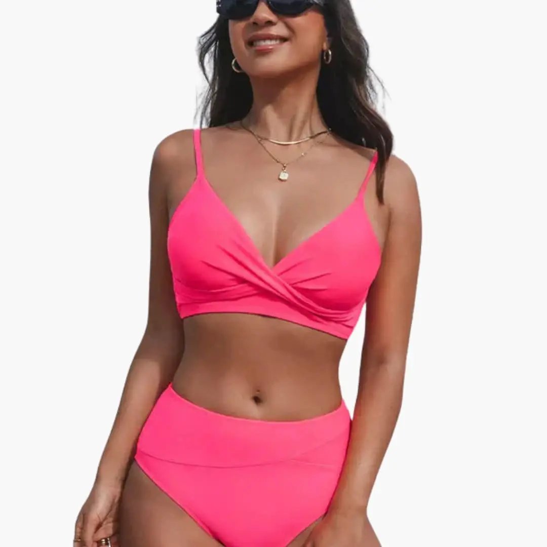 Womens Stretch Fabric High-Waisted Bikini Set | Scoop Neck Two-Piece Swimwear 8