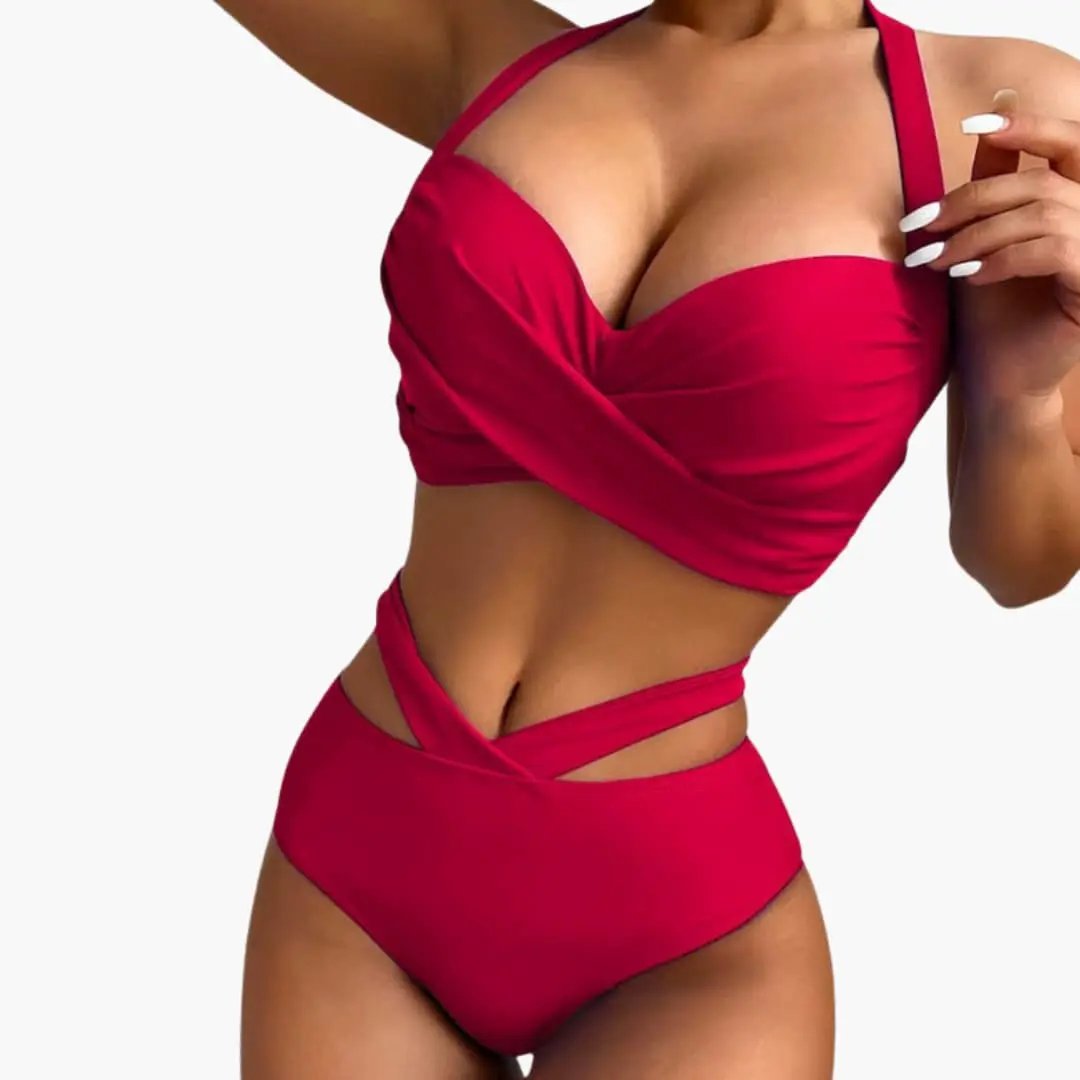 Womens Stretch Fabric High-Waisted Bikini Set | Structured Scoop Neck Design with Front Shaping Panel 1