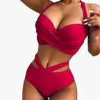 Womens Stretch Fabric High-Waisted Bikini Set | Structured Scoop Neck Design with Front Shaping Panel 1