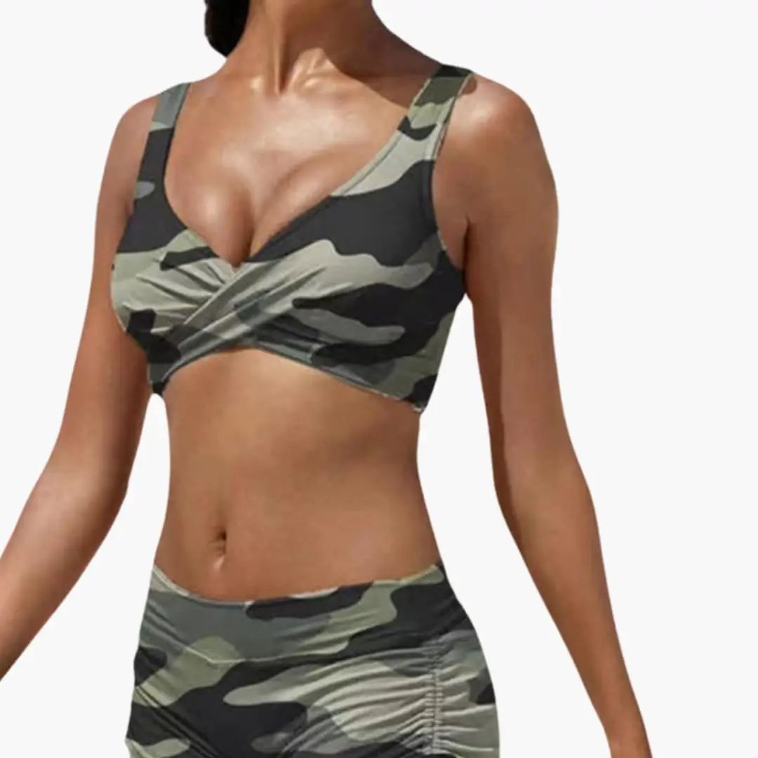 Womens Stretch Fabric Twist Front Bikini Set | Stylish Mid-Rise Swim Shorts for Summer 1