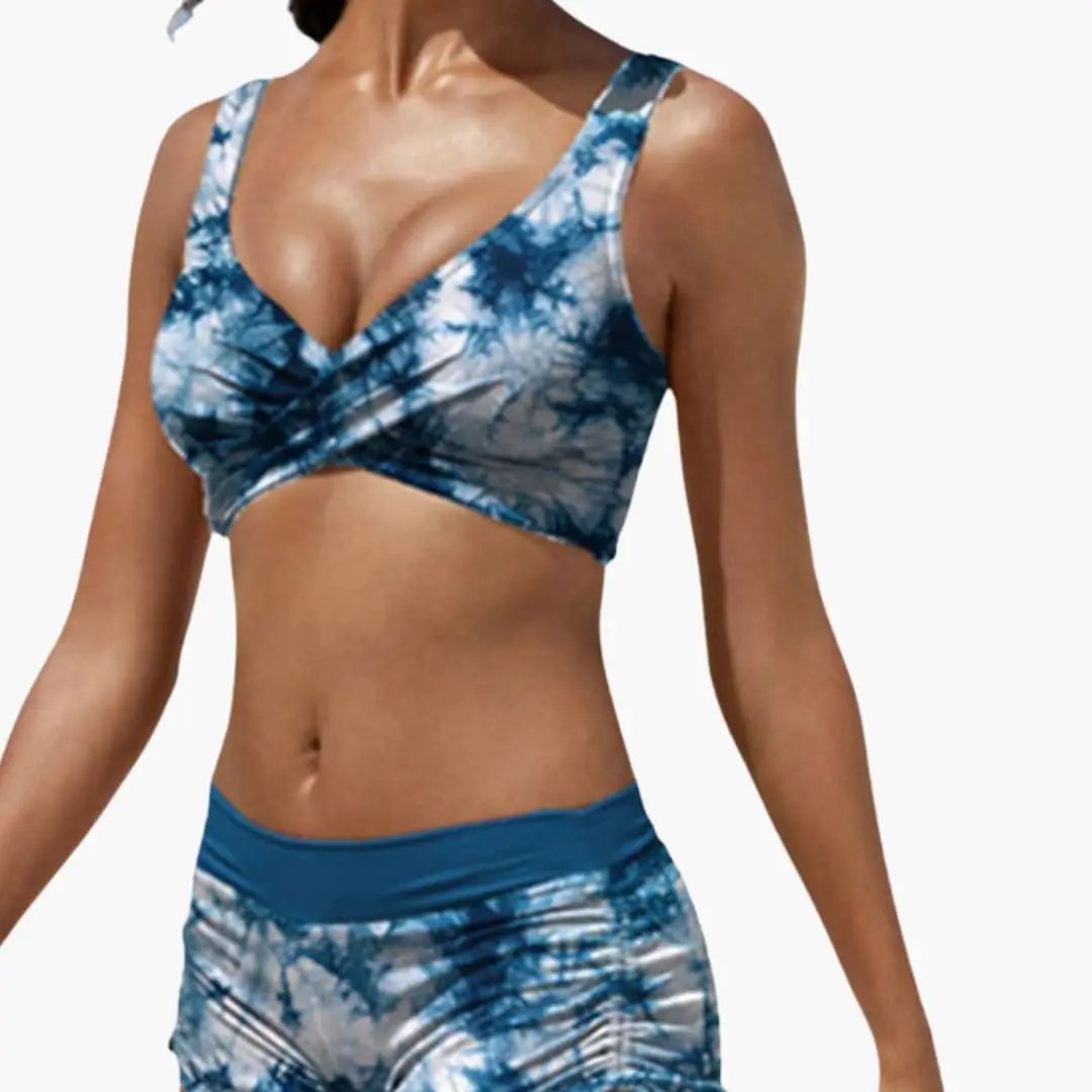Womens Stretch Fabric Twist Front Bikini Set | Stylish Mid-Rise Swim Shorts for Summer 2