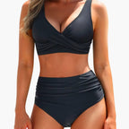 Womens Stretch High-Waisted Bikini Set | Structured Shaping Top and Swim Shorts for Summer 1