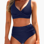 Womens Stretch High-Waisted Bikini Set | Structured Shaping Top and Swim Shorts for Summer 3
