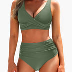 Womens Stretch High-Waisted Bikini Set | Structured Shaping Top and Swim Shorts for Summer 8
