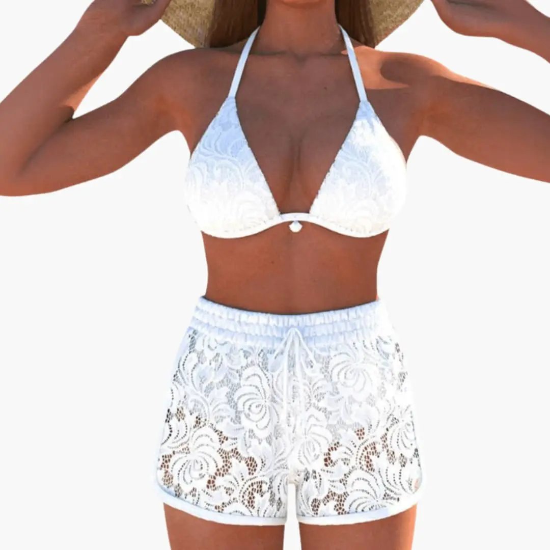 Womens Stretch Lace Trim Halter Bikini Set | Elegant Two-Piece Swimwear for Summer 2