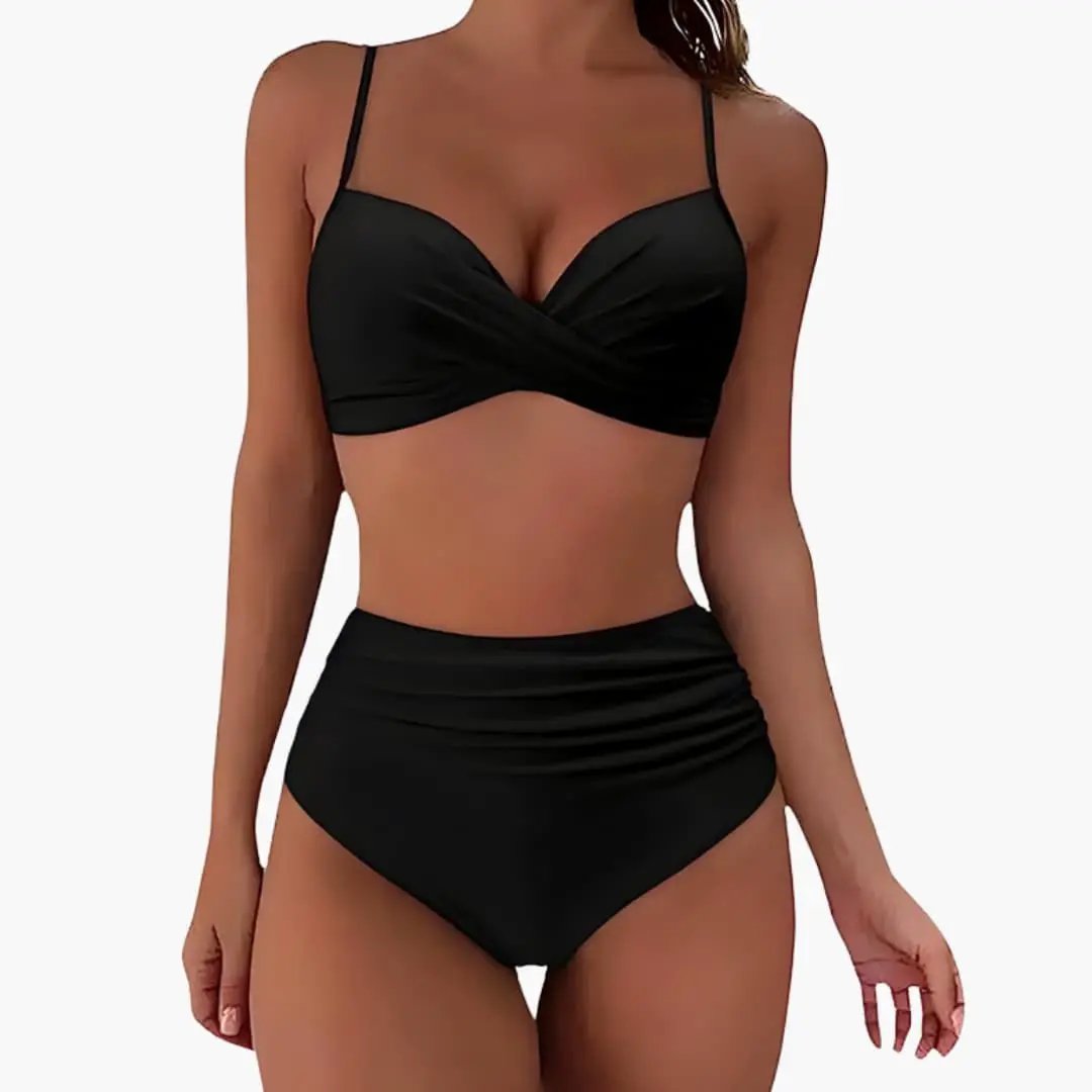 Womens Stretchy High-Waisted Bikini Set | Adjustable Scoop Neck Swimwear 2