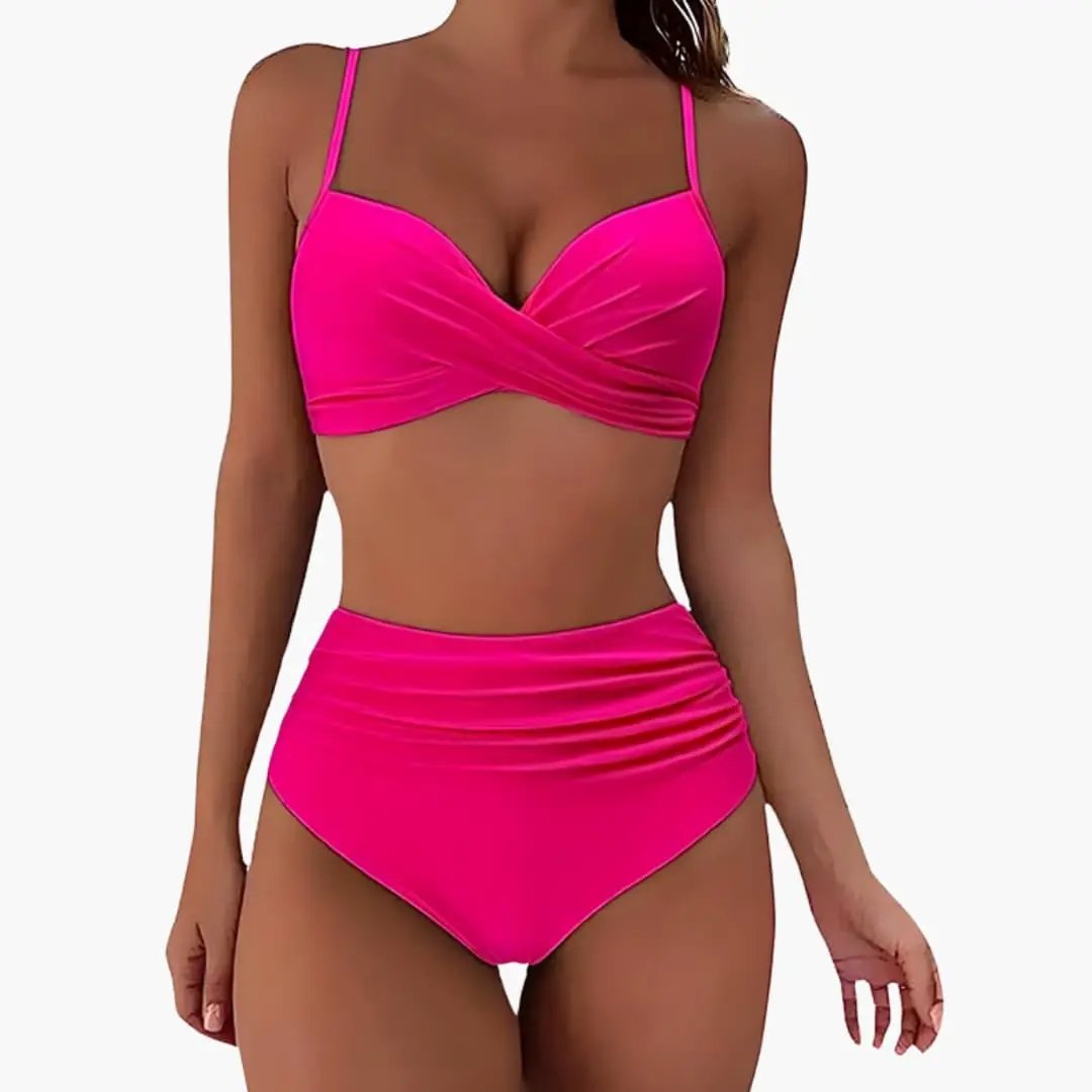 Womens Stretchy High-Waisted Bikini Set | Adjustable Scoop Neck Swimwear 6