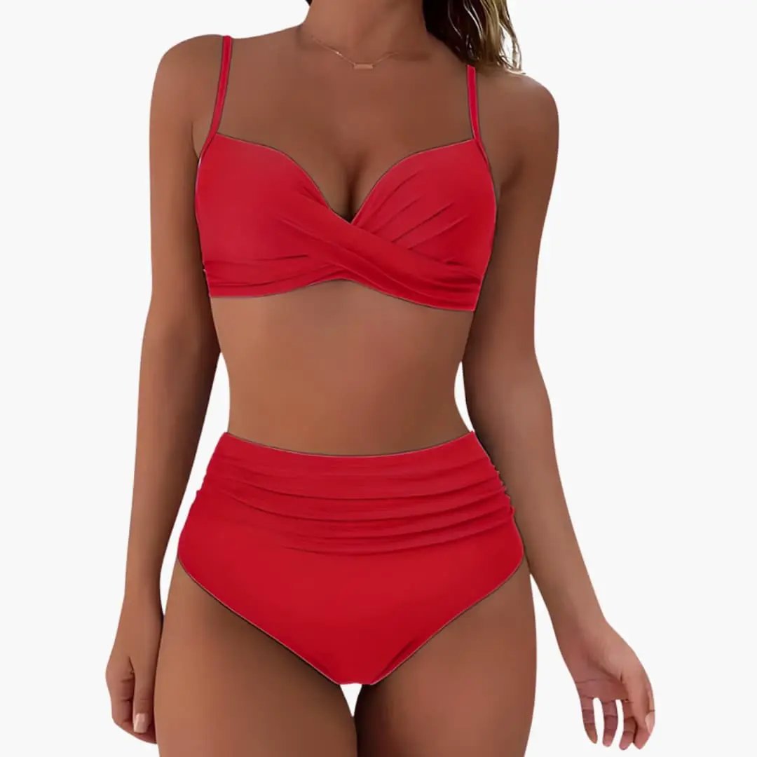 Womens Stretchy High-Waisted Bikini Set | Adjustable Scoop Neck Swimwear 7