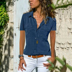 Women's Structured Cotton Blend Blouse | Tailored Short Sleeve Top with Practical Pockets 1