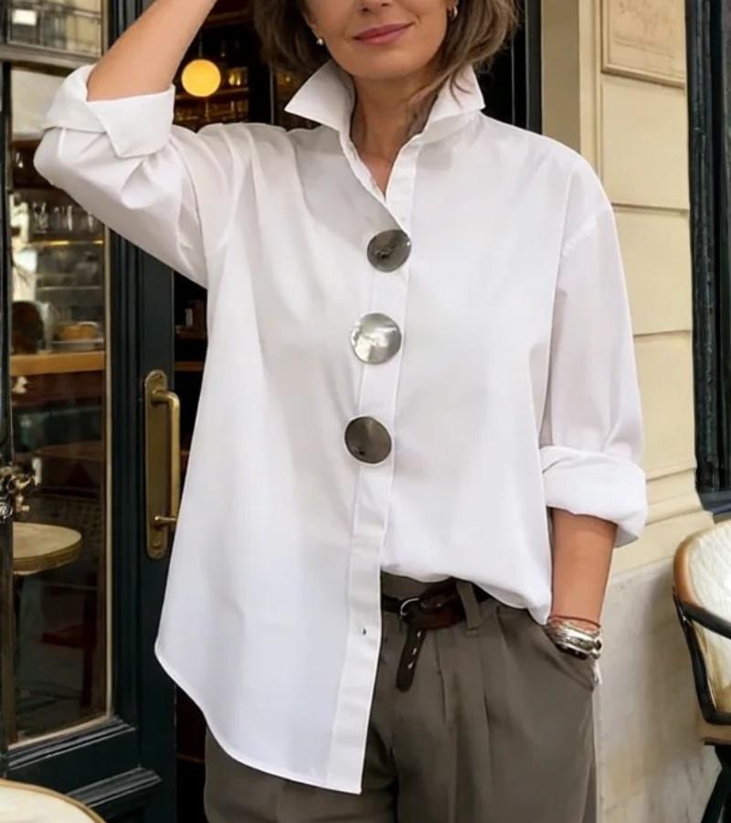 Women's Structured Cotton Blouse | Modern Elegant Design with Korean Collar and Metallic Buttons 1