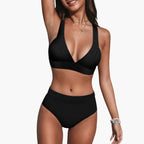Womens Structured High-Waisted Bikini Set | Modern V-Neck Swimwear with High Leg Bottoms 1