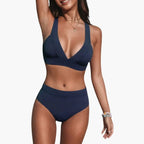 Womens Structured High-Waisted Bikini Set | Modern V-Neck Swimwear with High Leg Bottoms 2