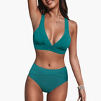 Womens Structured High-Waisted Bikini Set | Modern V-Neck Swimwear with High Leg Bottoms 4