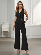 Womens Structured Polyester Pant Suit | Sleek Blazer Top Wide-Leg Trousers 4