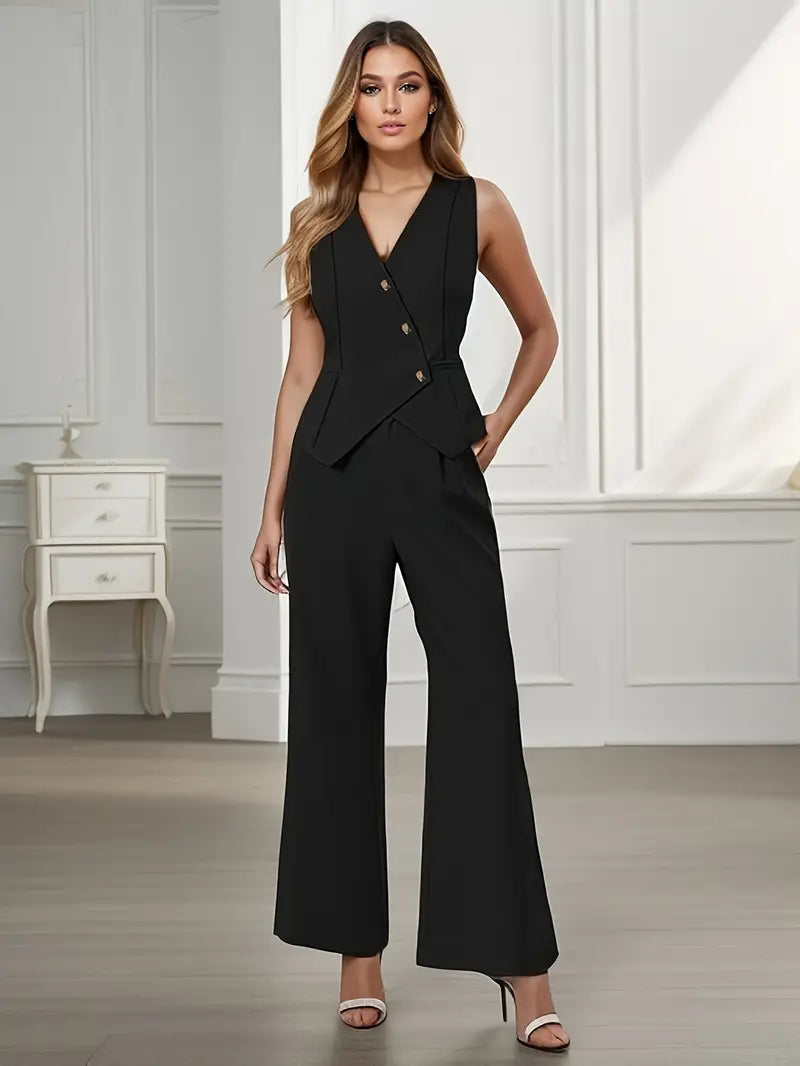 Womens Structured Polyester Pant Suit | Sleek Blazer Top Wide-Leg Trousers 4