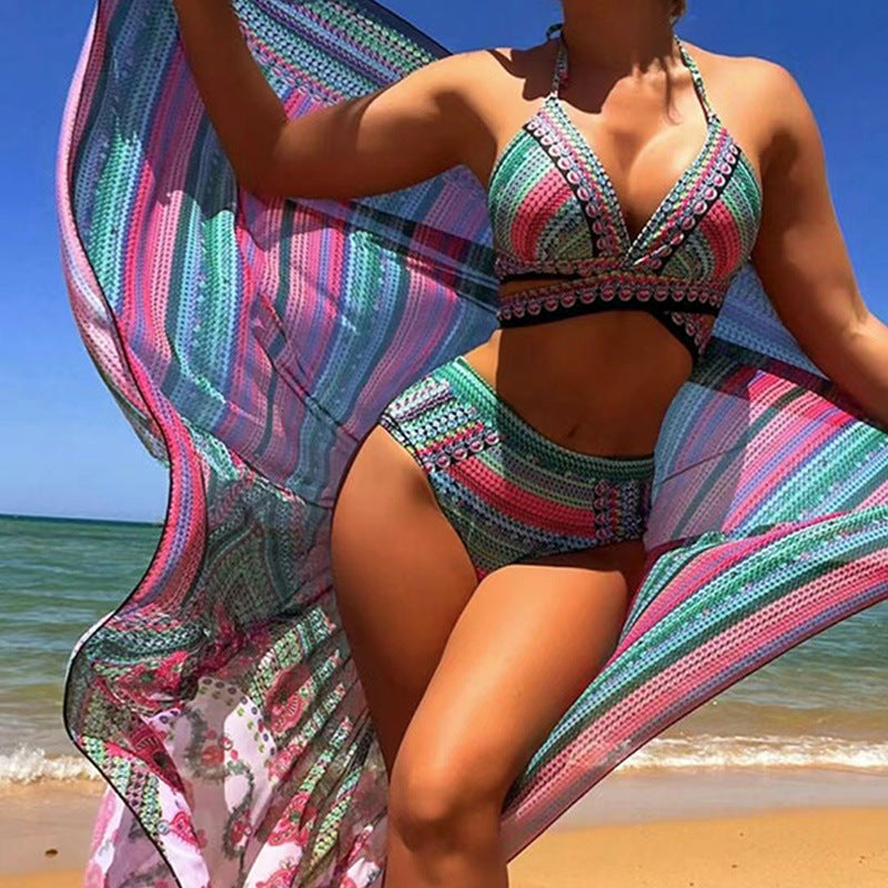 Womens Vibrant Ethnic Print Bikini Set | Stylish High-Waist Swimwear with Cover-Up 3