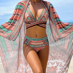 Womens Vibrant Ethnic Print Bikini Set | Stylish High-Waist Swimwear with Cover-Up 4