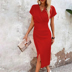 Women's wedding guest dress, midi, V-neck with slit 0
