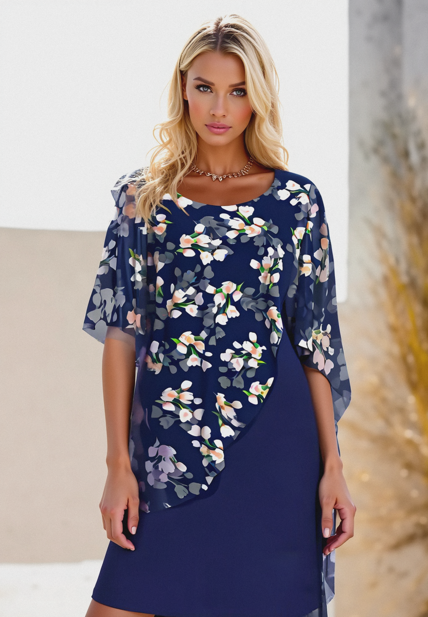 Women's wedding guest dress with chiffon cape and floral print 1