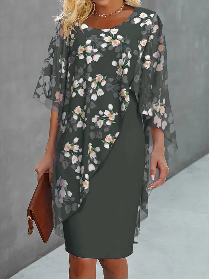 Women's wedding guest dress with chiffon cape and floral print 5