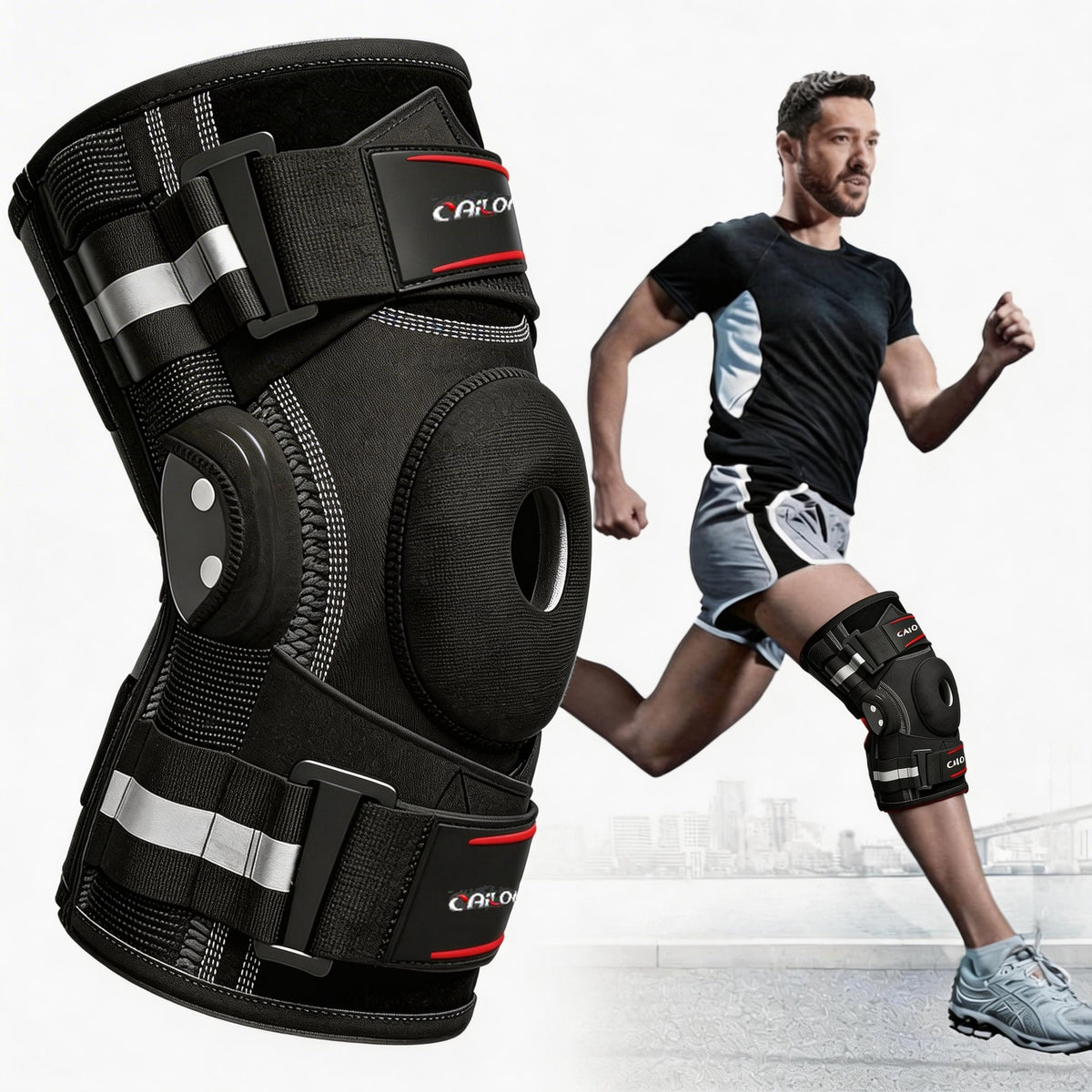 Adjustable Knee Brace with Side Stabilizers and Open Patella Support
