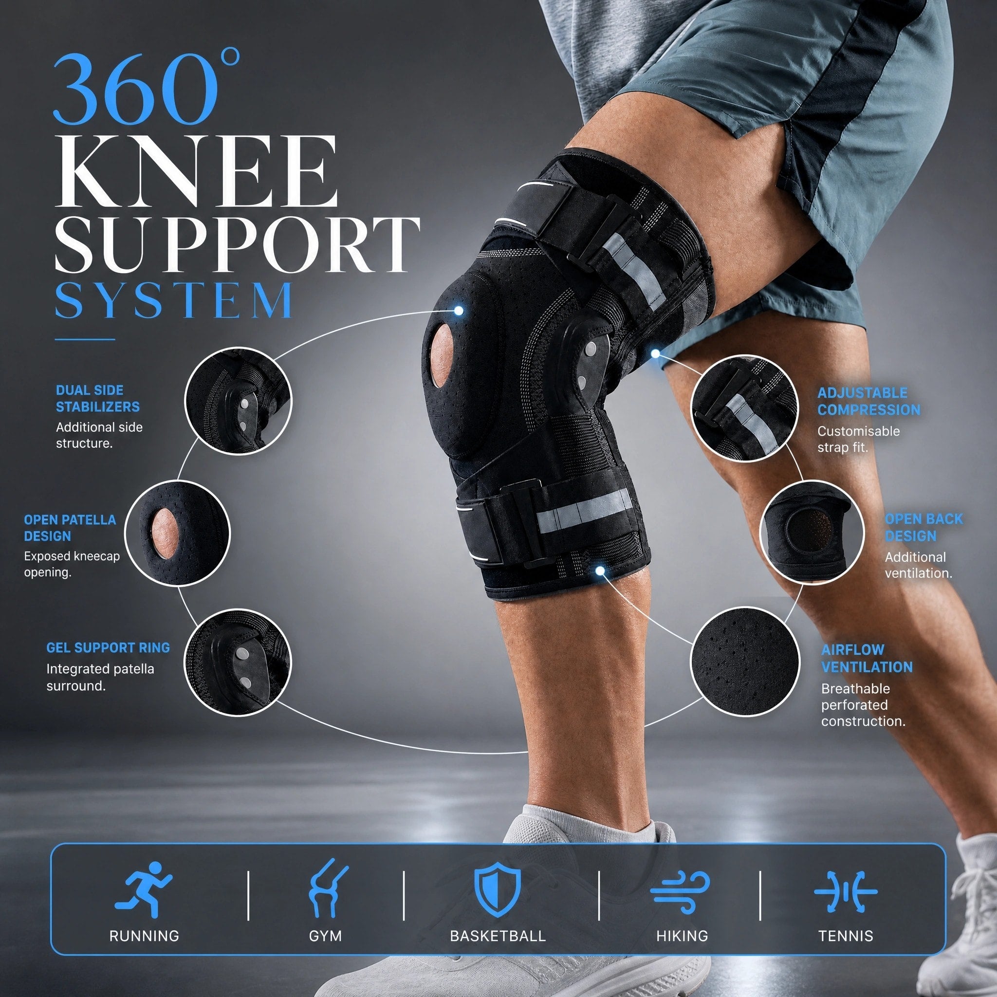 Adjustable Knee Brace with Side Stabilizers and Open Patella Support