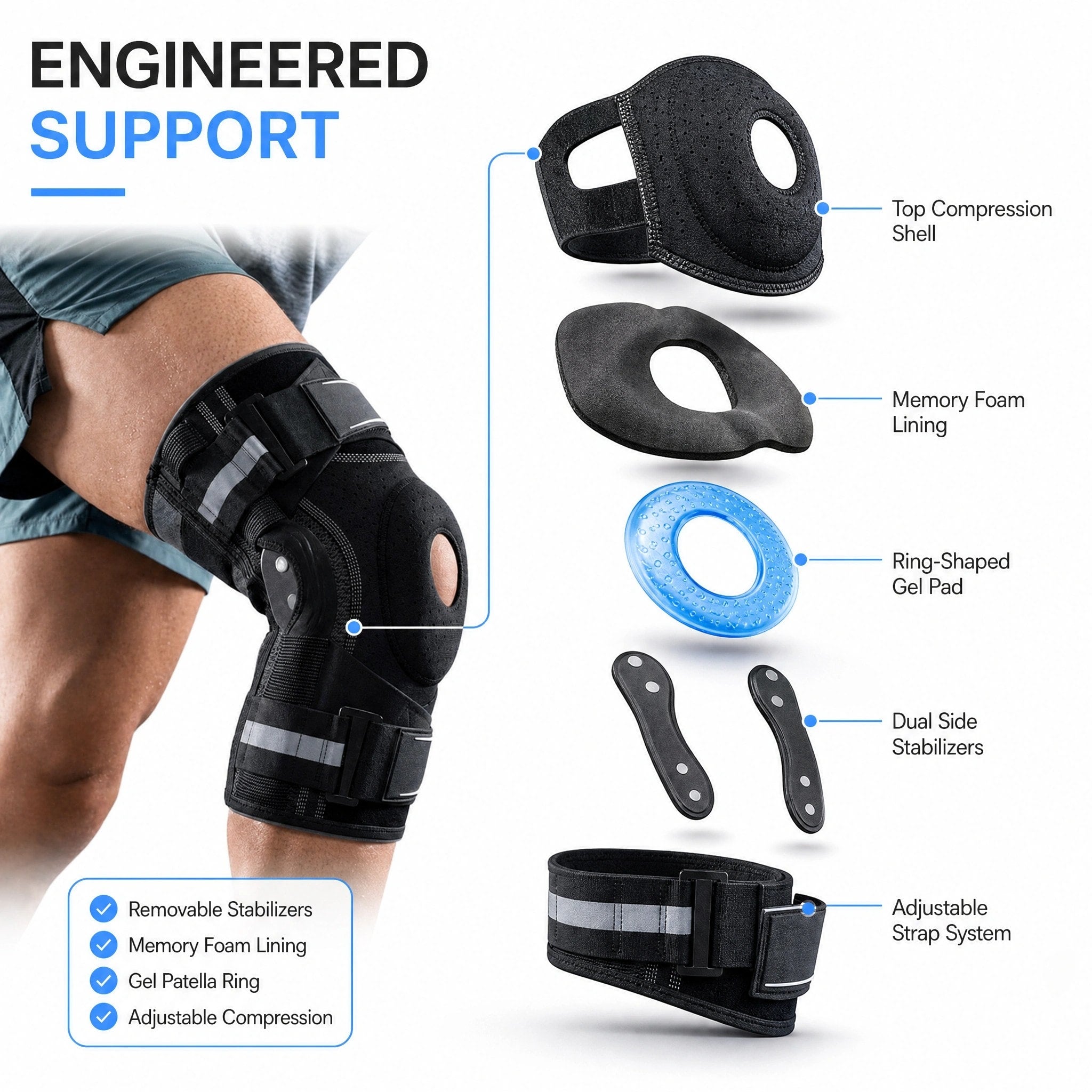 Adjustable Knee Brace with Side Stabilizers and Open Patella Support