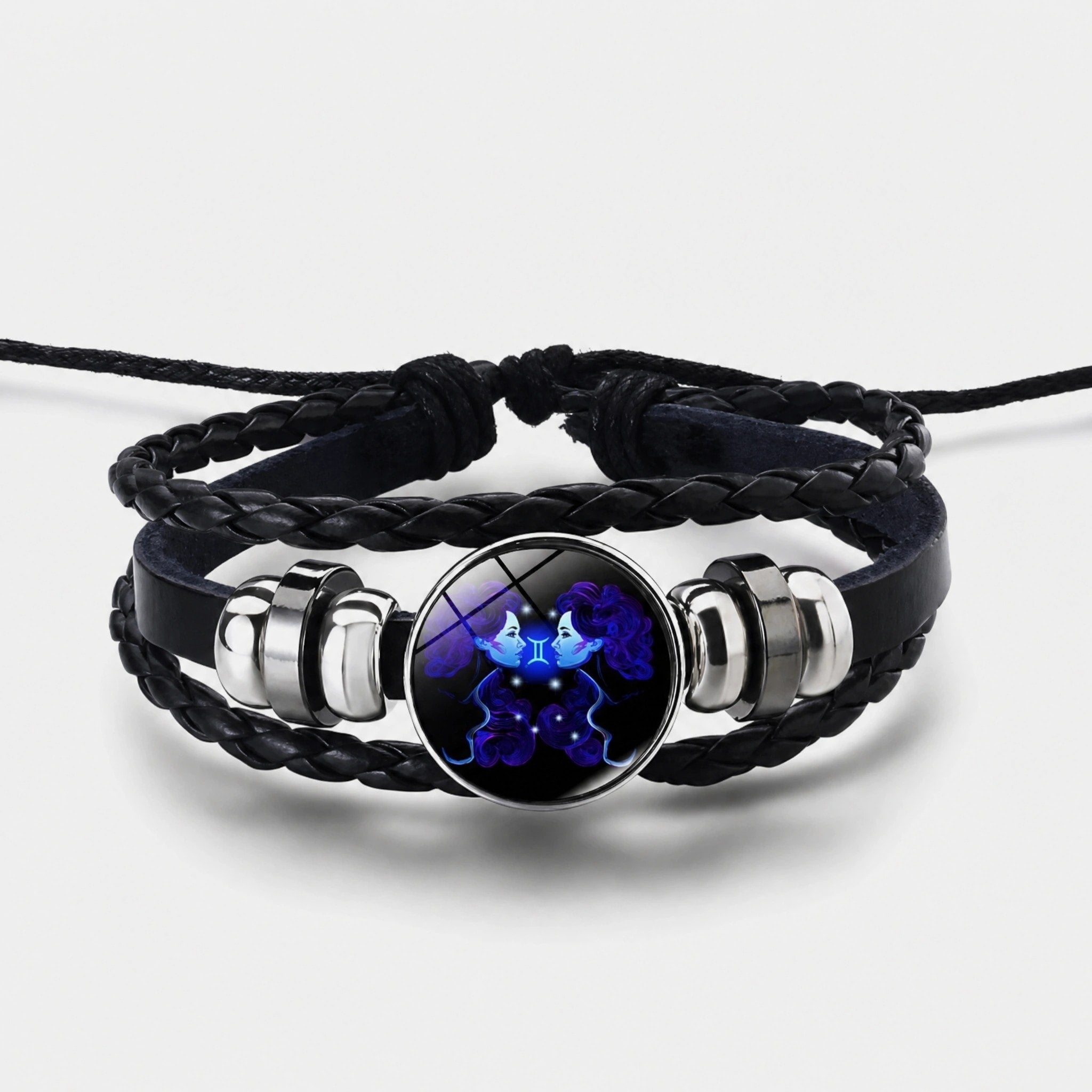 Bracelet Zodiaque Ajustable avec Bracelet en Cuir Tressé et Charme Zodiaque