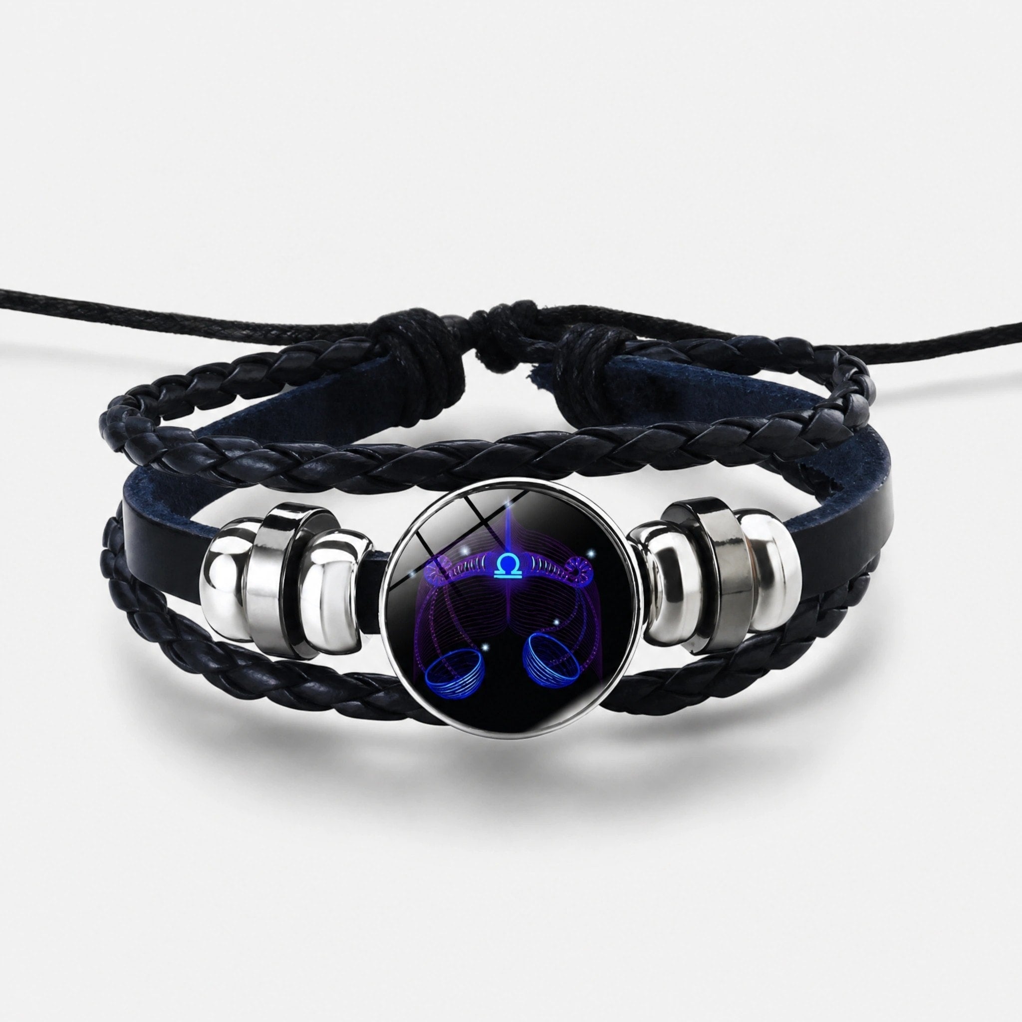 Bracelet Zodiaque Ajustable avec Bracelet en Cuir Tressé et Charme Zodiaque