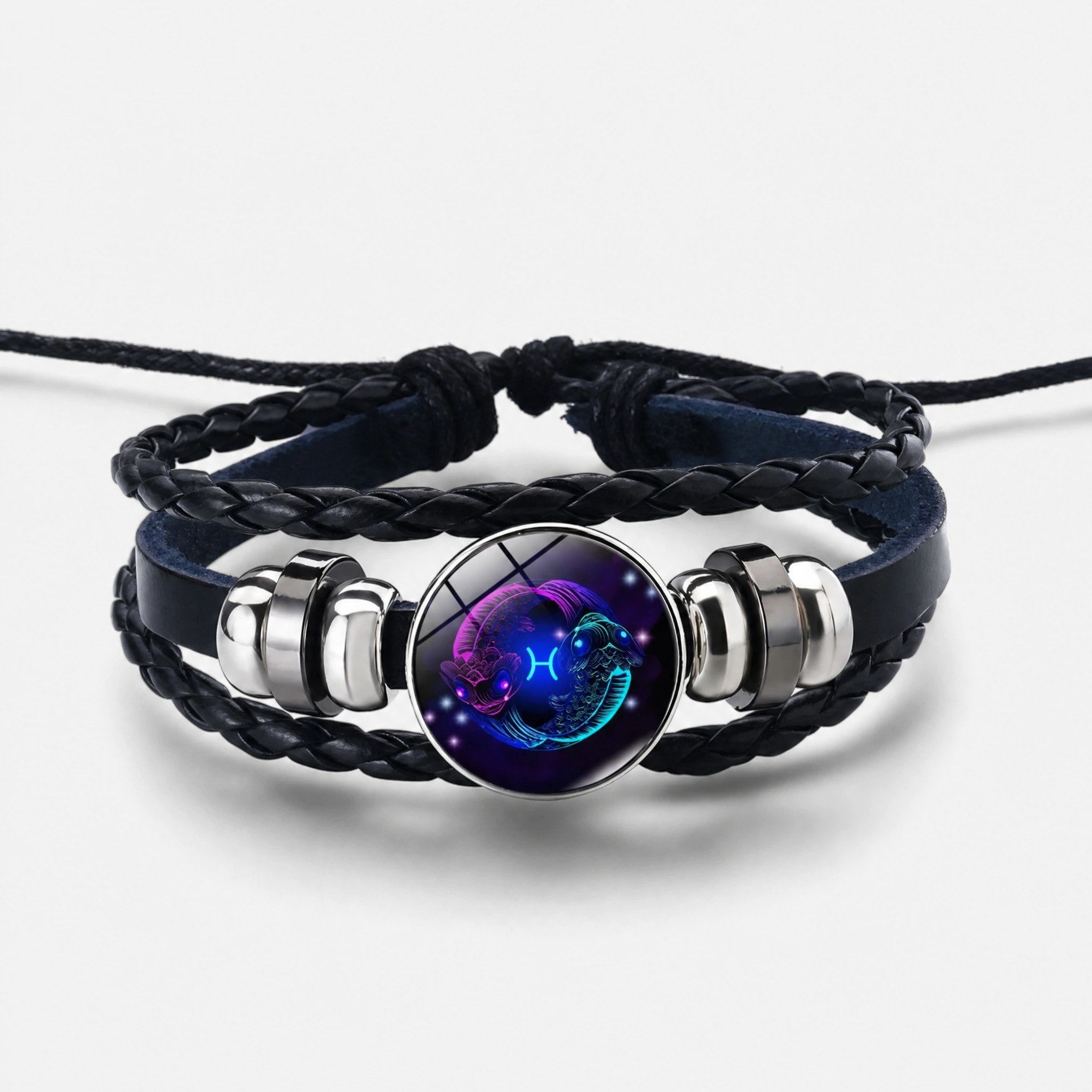 Bracelet Zodiaque Ajustable avec Bracelet en Cuir Tressé et Charme Zodiaque