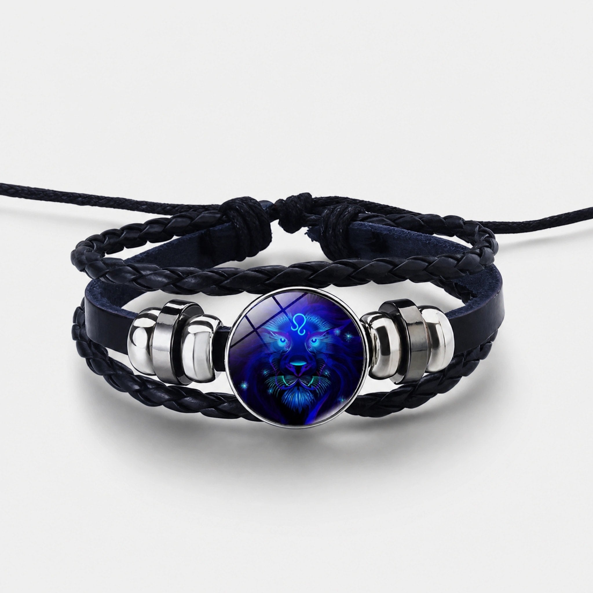 Bracelet Zodiaque Ajustable avec Bracelet en Cuir Tressé et Charme Zodiaque
