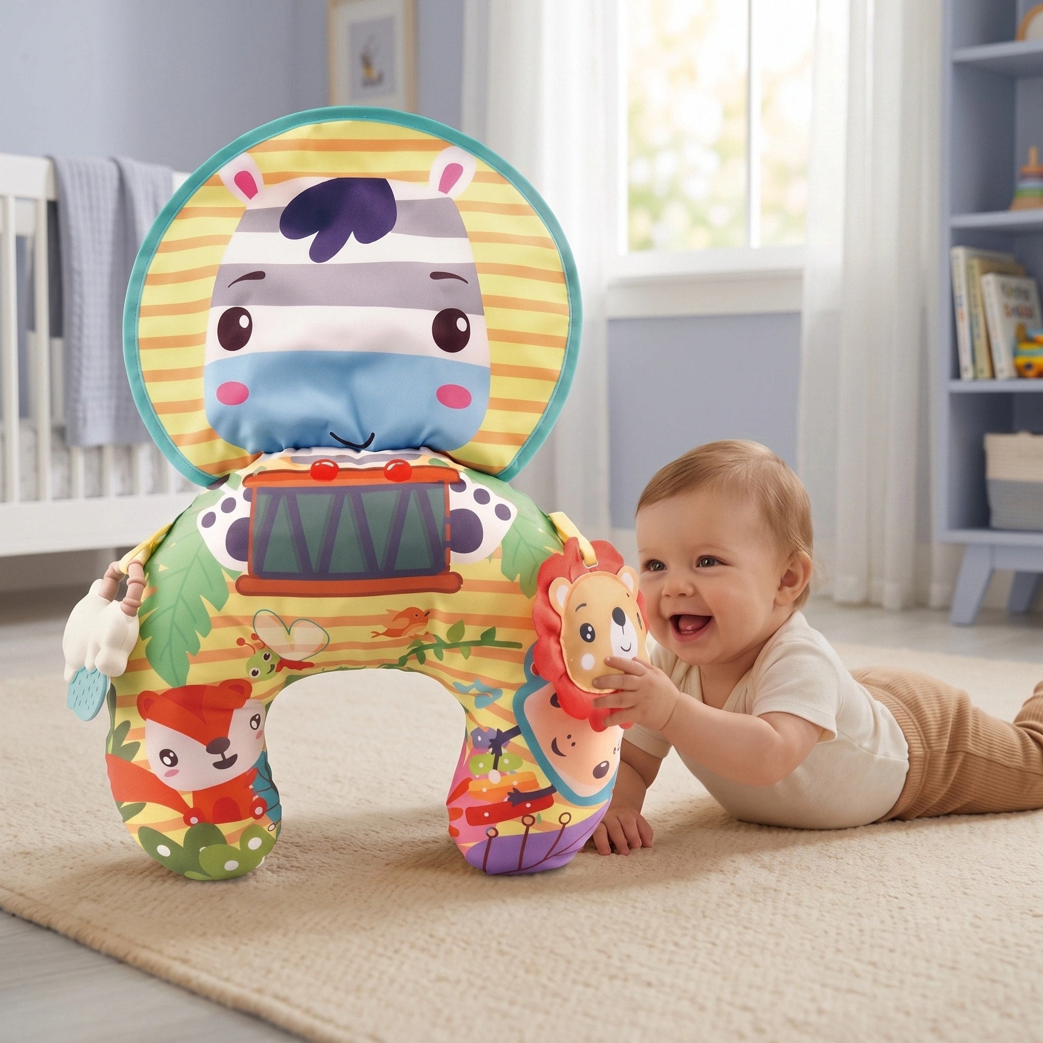 Coussin de soutien pour bébé en position sur le ventre avec arche de jeu, jouets sensoriels et tapis d'activité