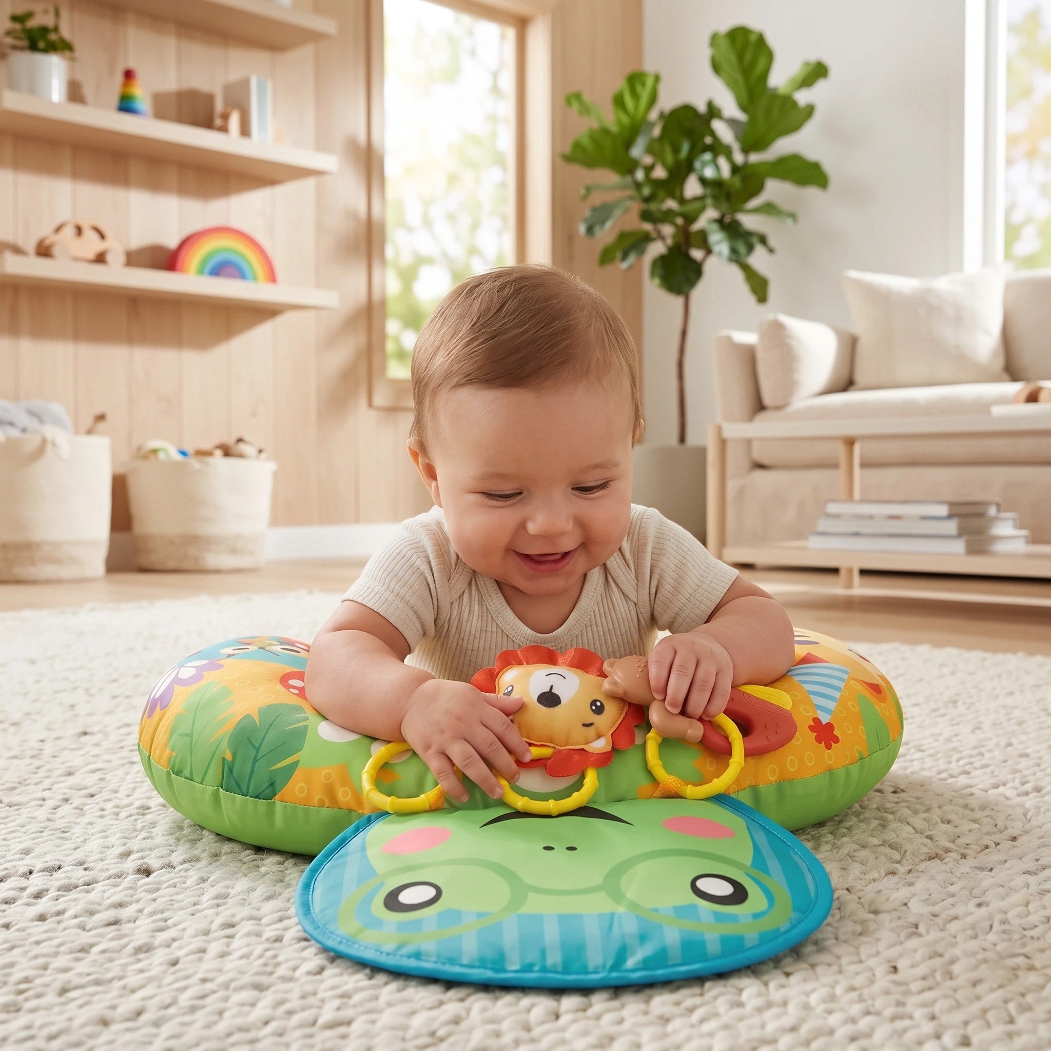 Coussin de soutien pour bébé en position sur le ventre avec arche de jeu, jouets sensoriels et tapis d'activité