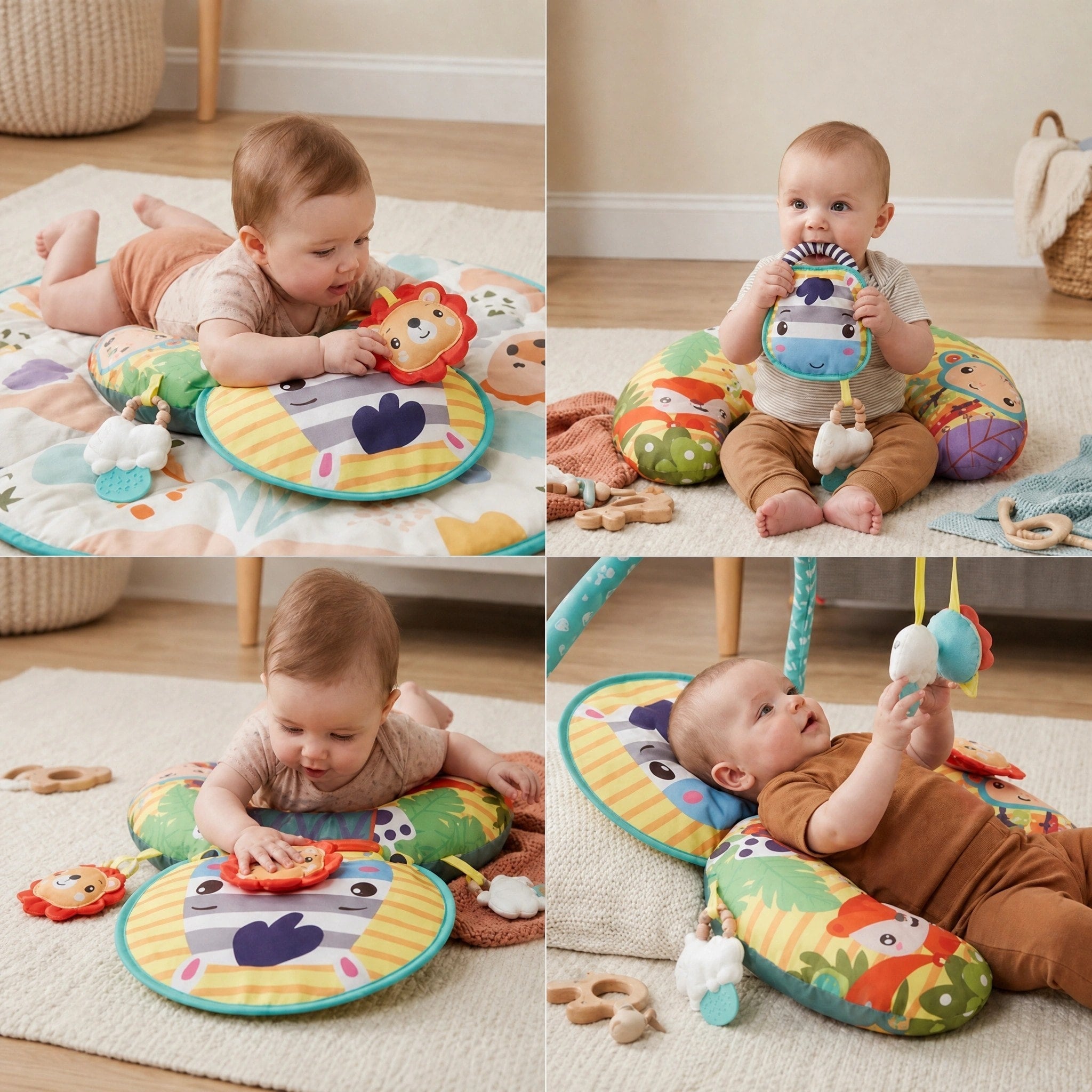 Coussin de soutien pour bébé en position sur le ventre avec arche de jeu, jouets sensoriels et tapis d'activité