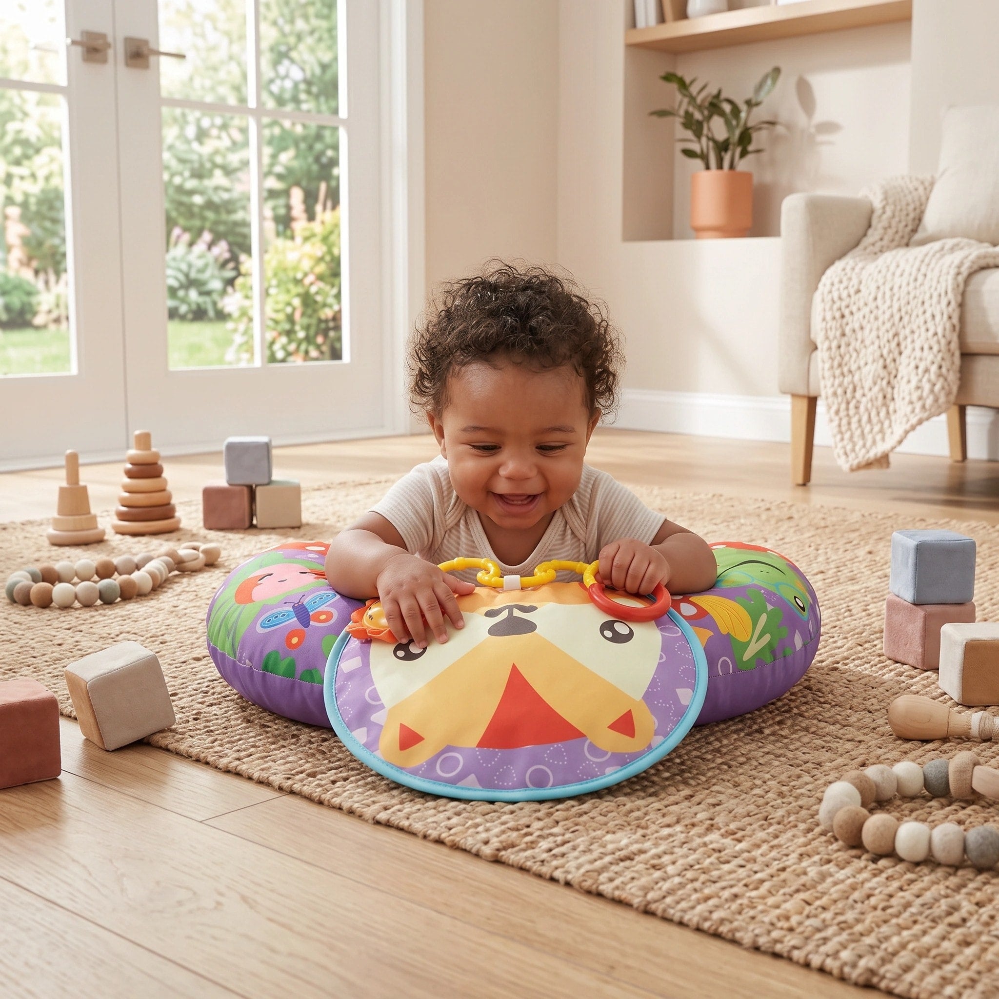 Coussin de soutien pour bébé en position sur le ventre avec arche de jeu, jouets sensoriels et tapis d'activité