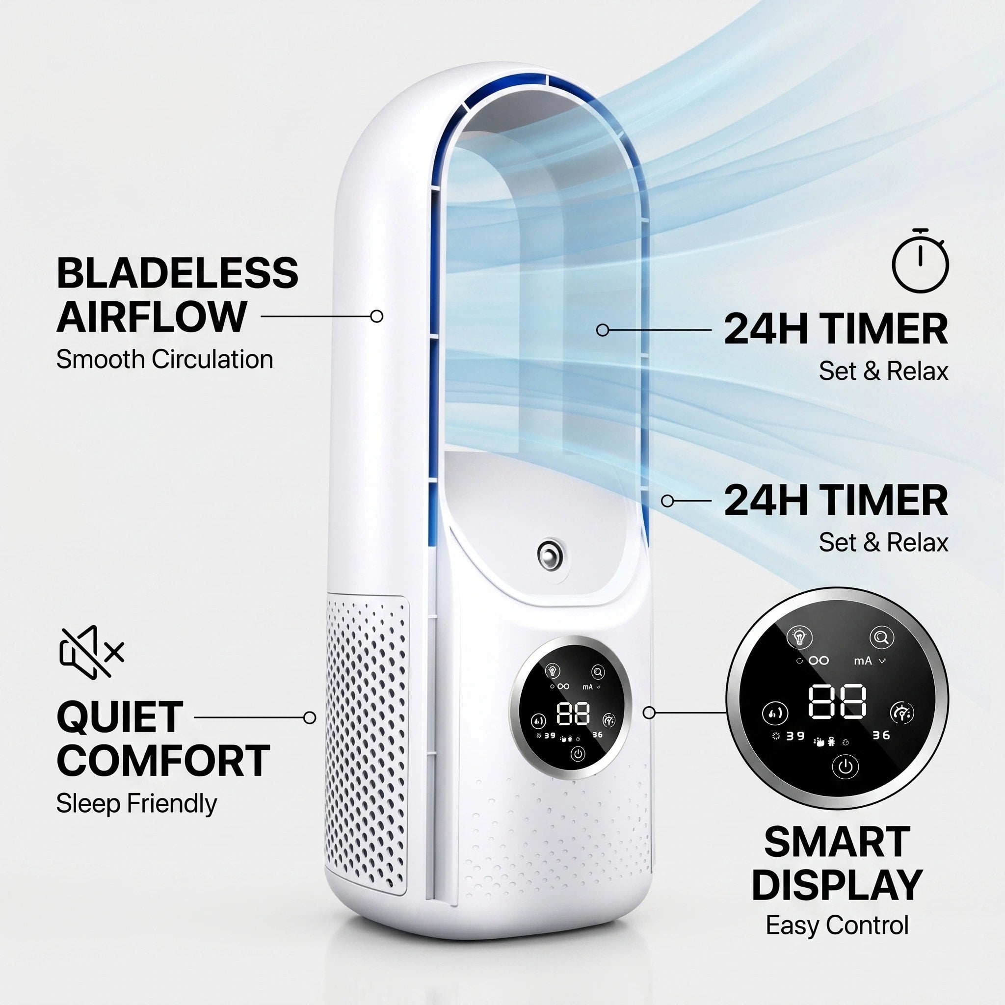 Bladeless Tower Fan | Quiet Air Circulation Fan with Sleep Mode & 24-Hour Timer | Space-Saving Fan for Home Office