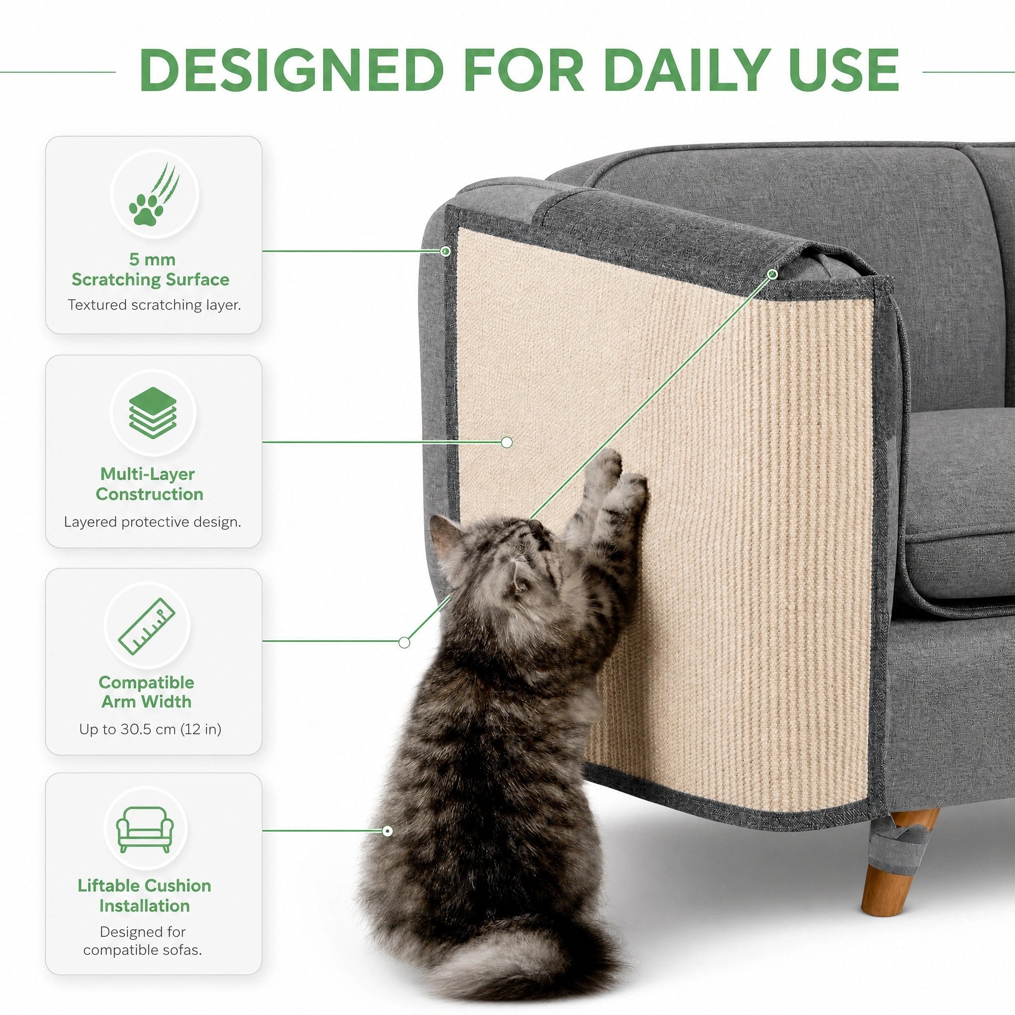 Cat Scratcher Sofa Protector with Wraparound Armrest Design for Furniture