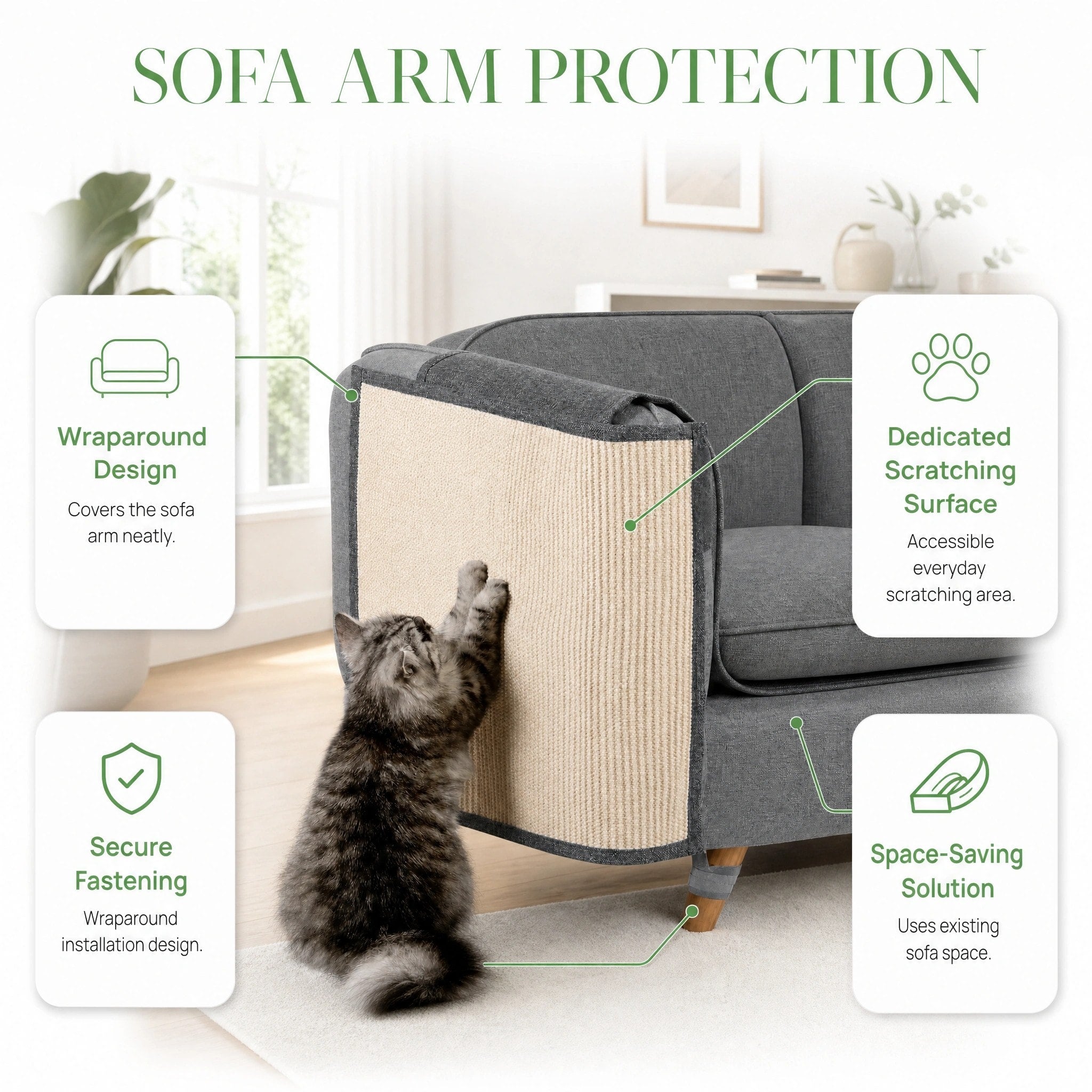 Cat Scratcher Sofa Protector with Wraparound Armrest Design for Furniture