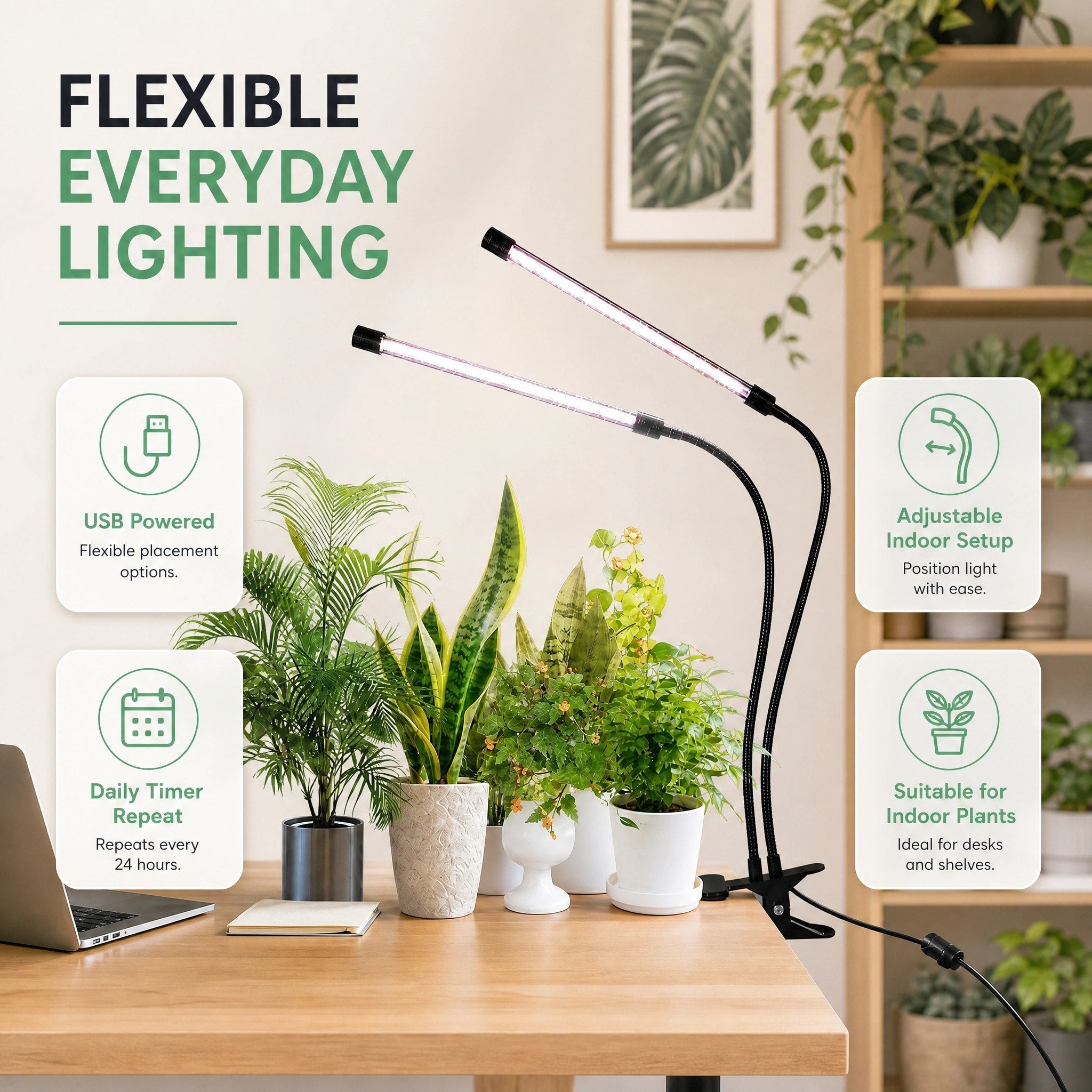 Clip-On Plant Grow Light with Timer and Dual Adjustable Gooseneck Arms