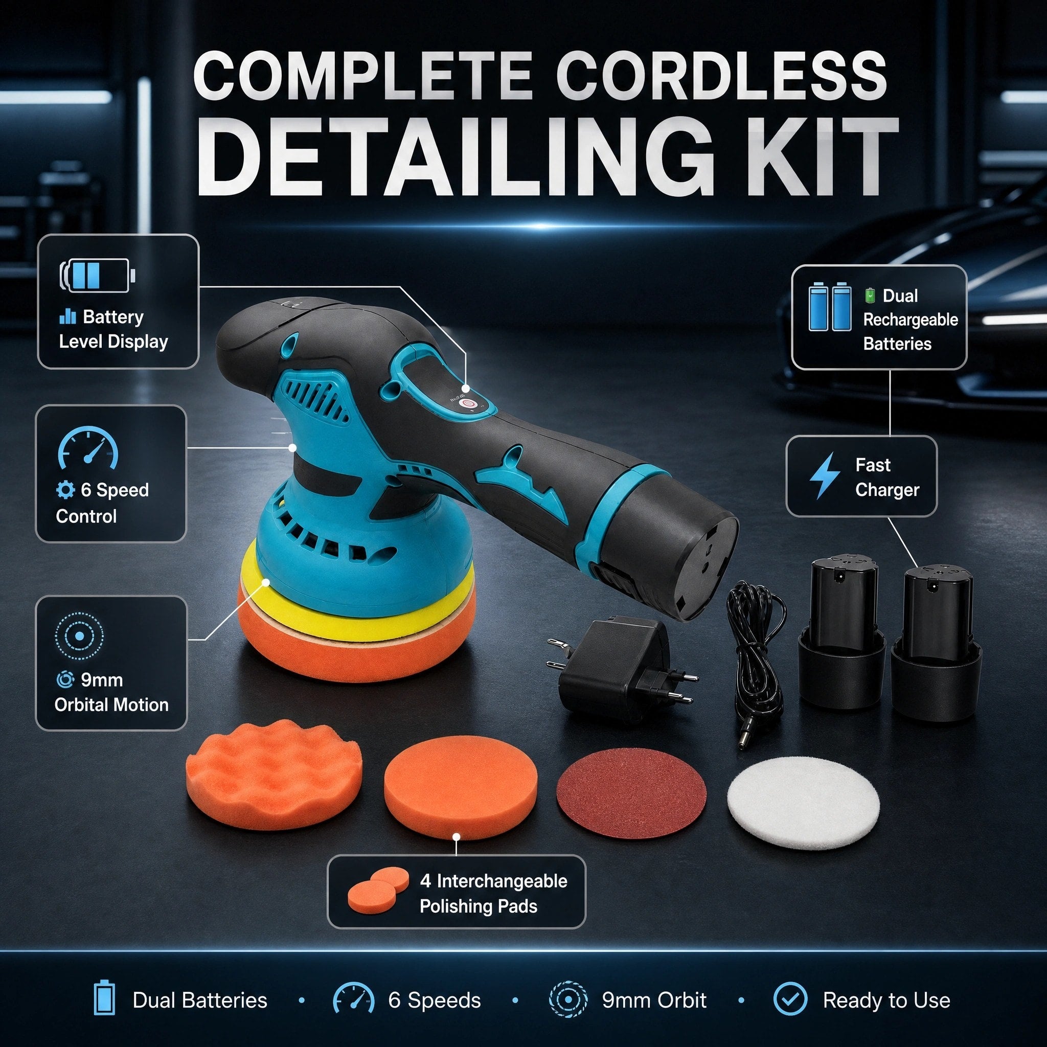 Cordless Car Polishing Machine with 9mm Orbit and Four Polishing Pads