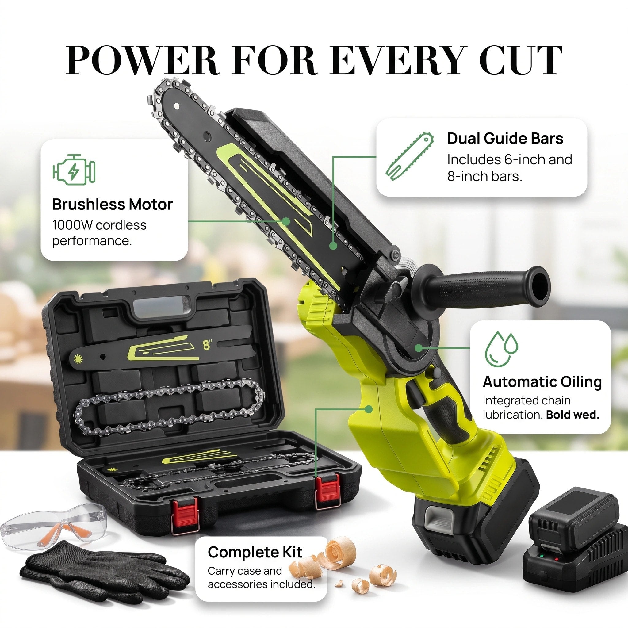 Cordless Mini Chainsaw with 6 and 8 Inch Guide Bars, Dual Batteries and Auto Oiling