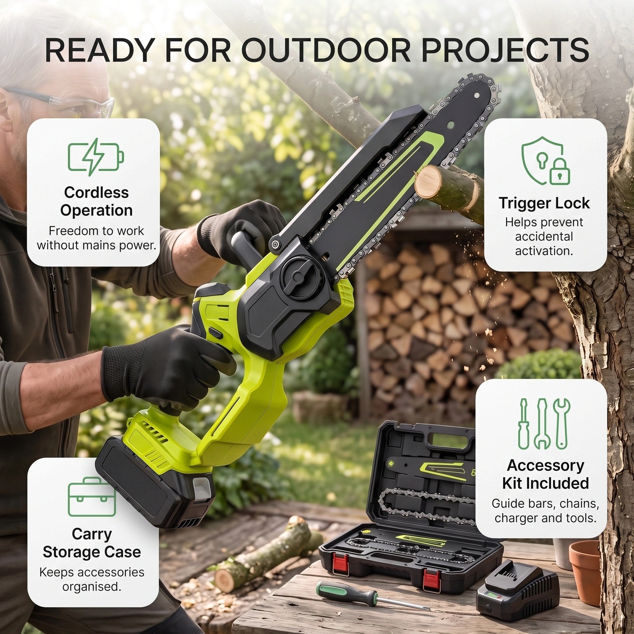 Cordless Mini Chainsaw with 6 and 8 Inch Guide Bars, Dual Batteries and Auto Oiling