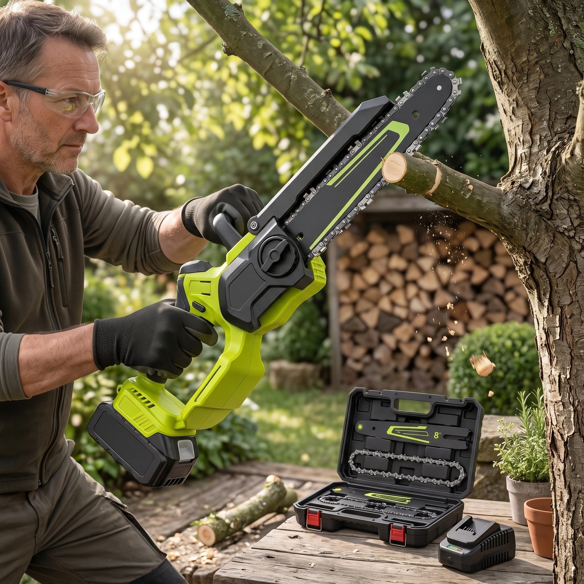 Cordless Mini Chainsaw with 6 and 8 Inch Guide Bars, Dual Batteries and Auto Oiling