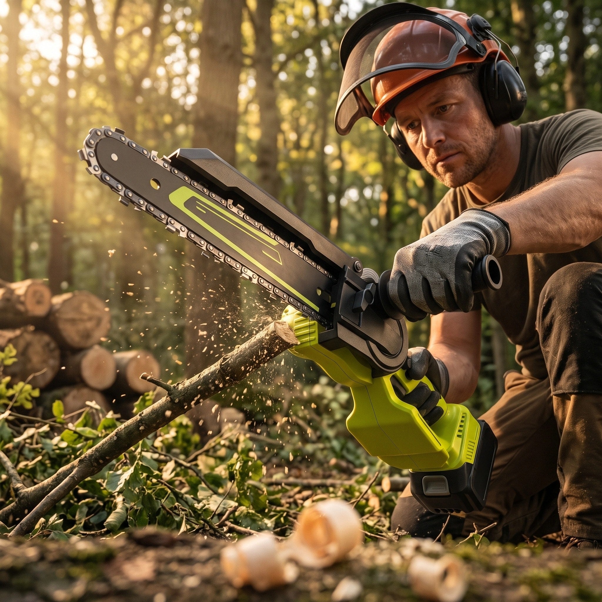 Cordless Mini Chainsaw with 6 and 8 Inch Guide Bars, Dual Batteries and Auto Oiling