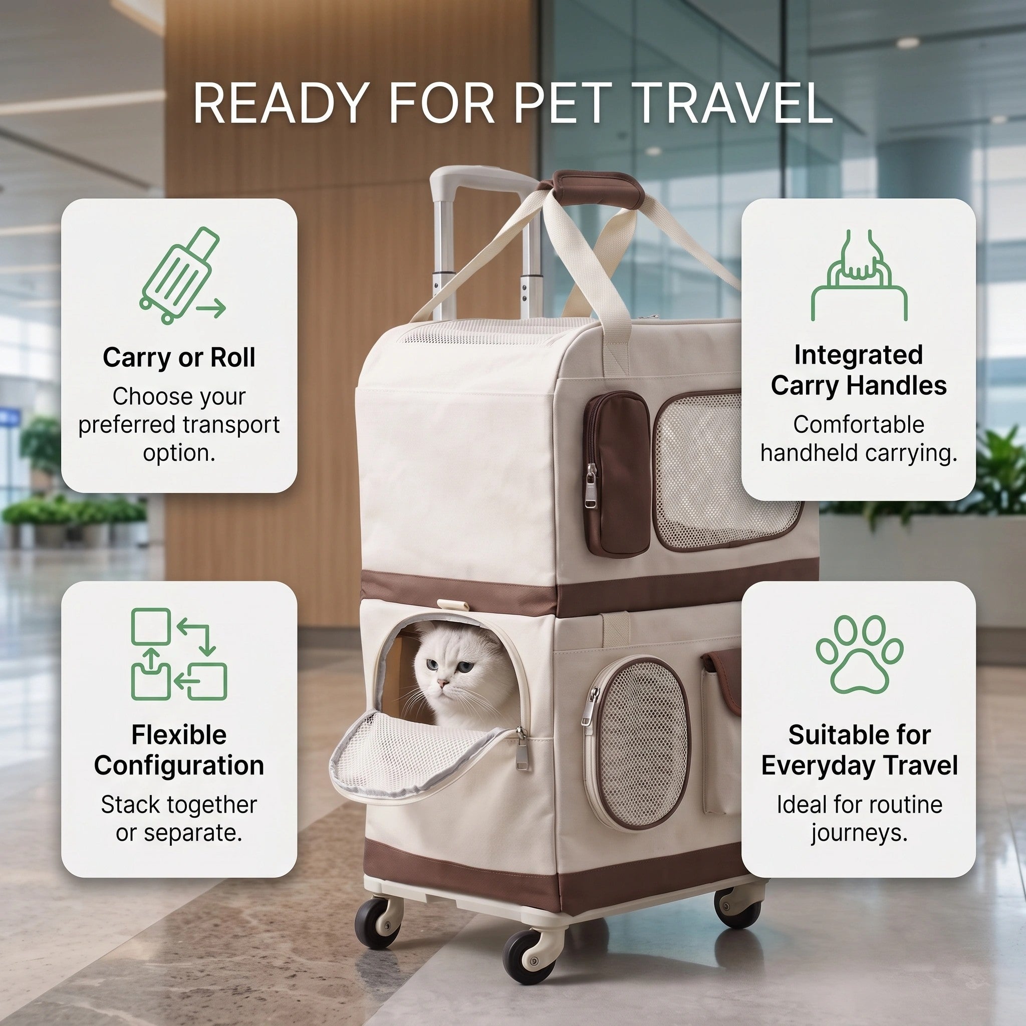 Double Layer Cat Carrier with Detachable Rolling Trolley and Mesh Panels