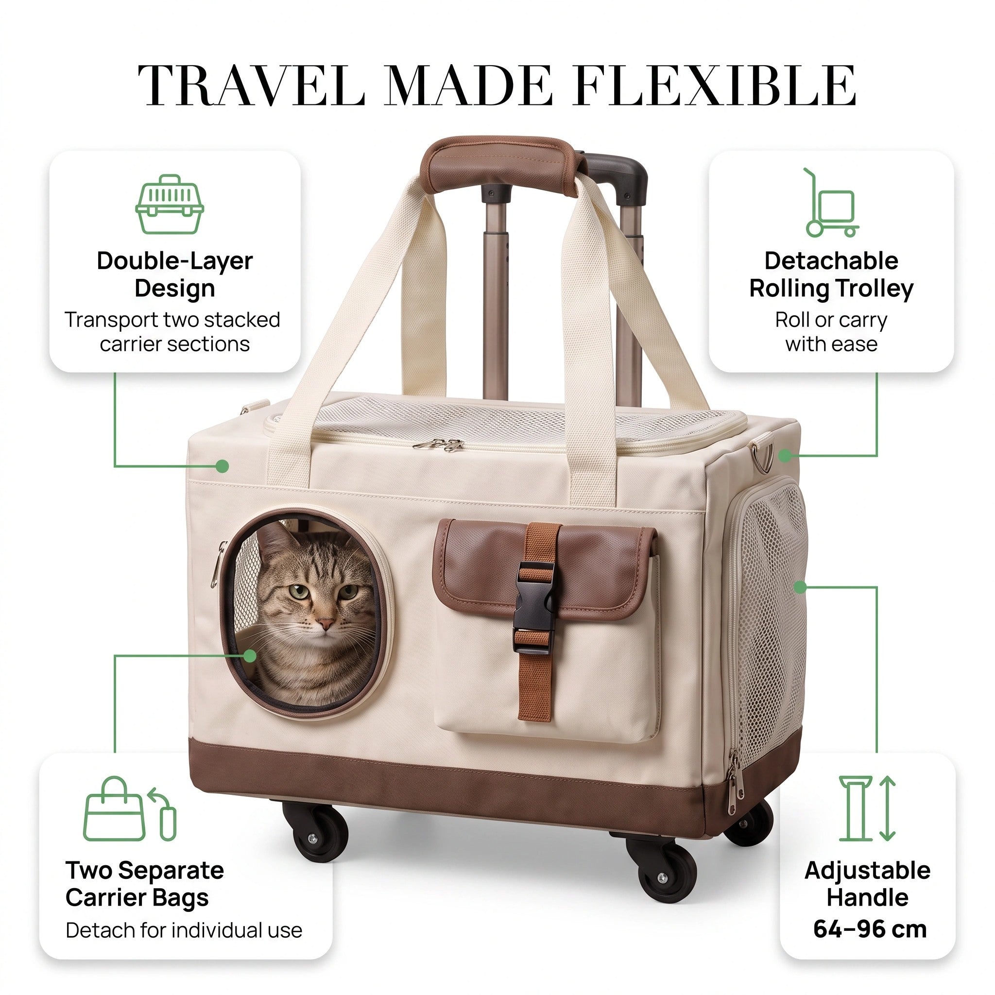 Double Layer Cat Carrier with Detachable Rolling Trolley and Mesh Panels