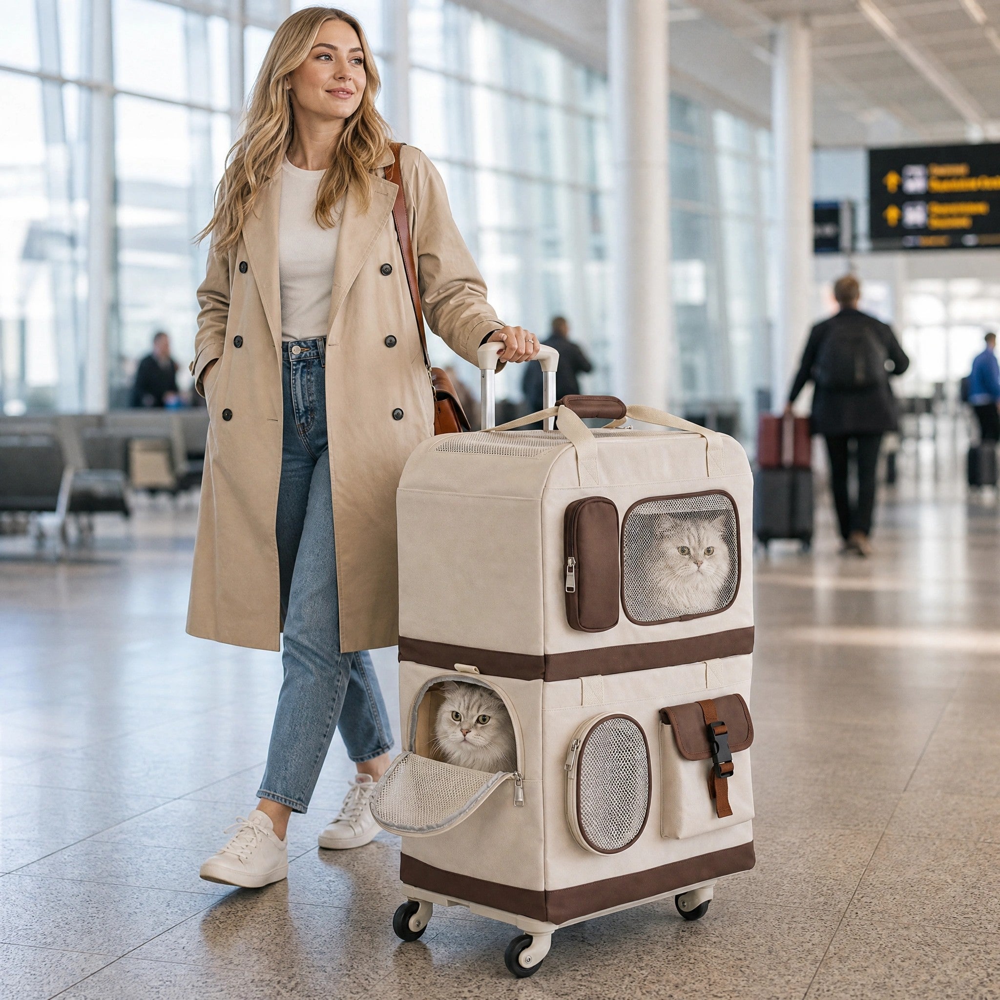 Double Layer Cat Carrier with Detachable Rolling Trolley and Mesh Panels