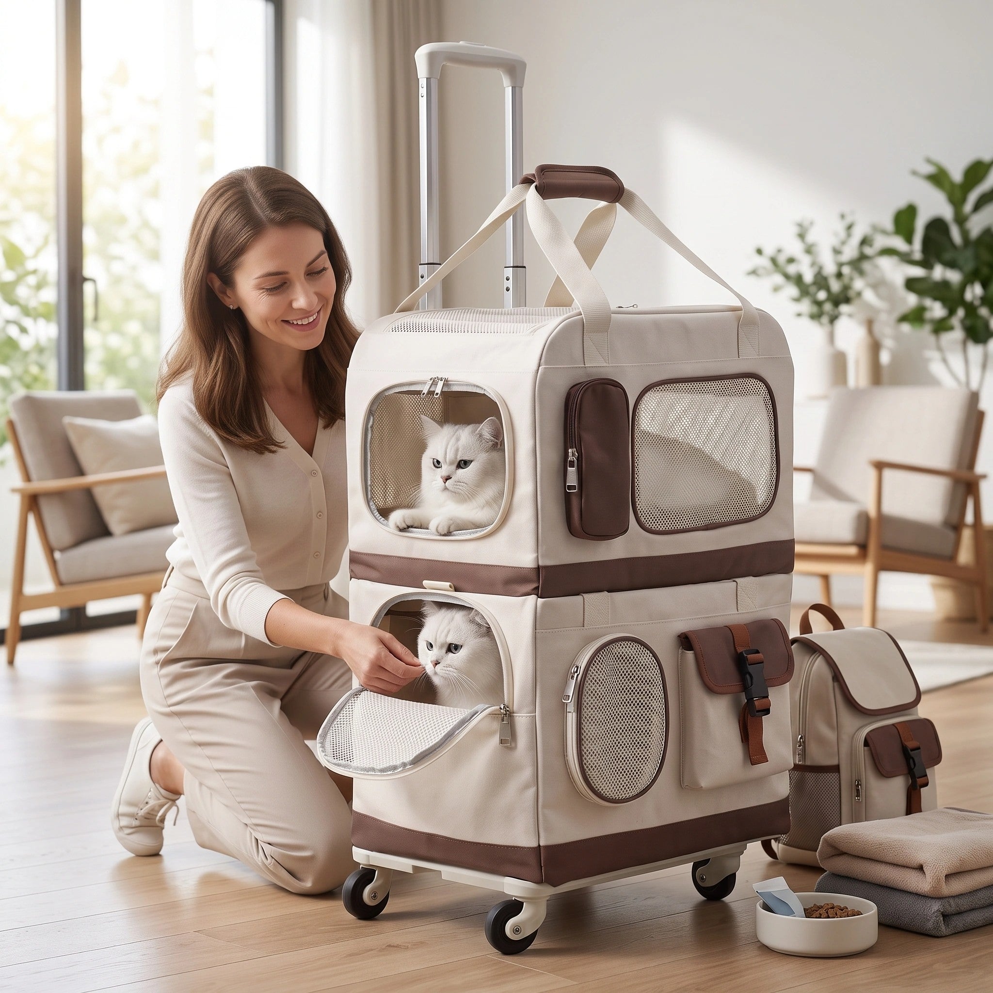 Double Layer Cat Carrier with Detachable Rolling Trolley and Mesh Panels