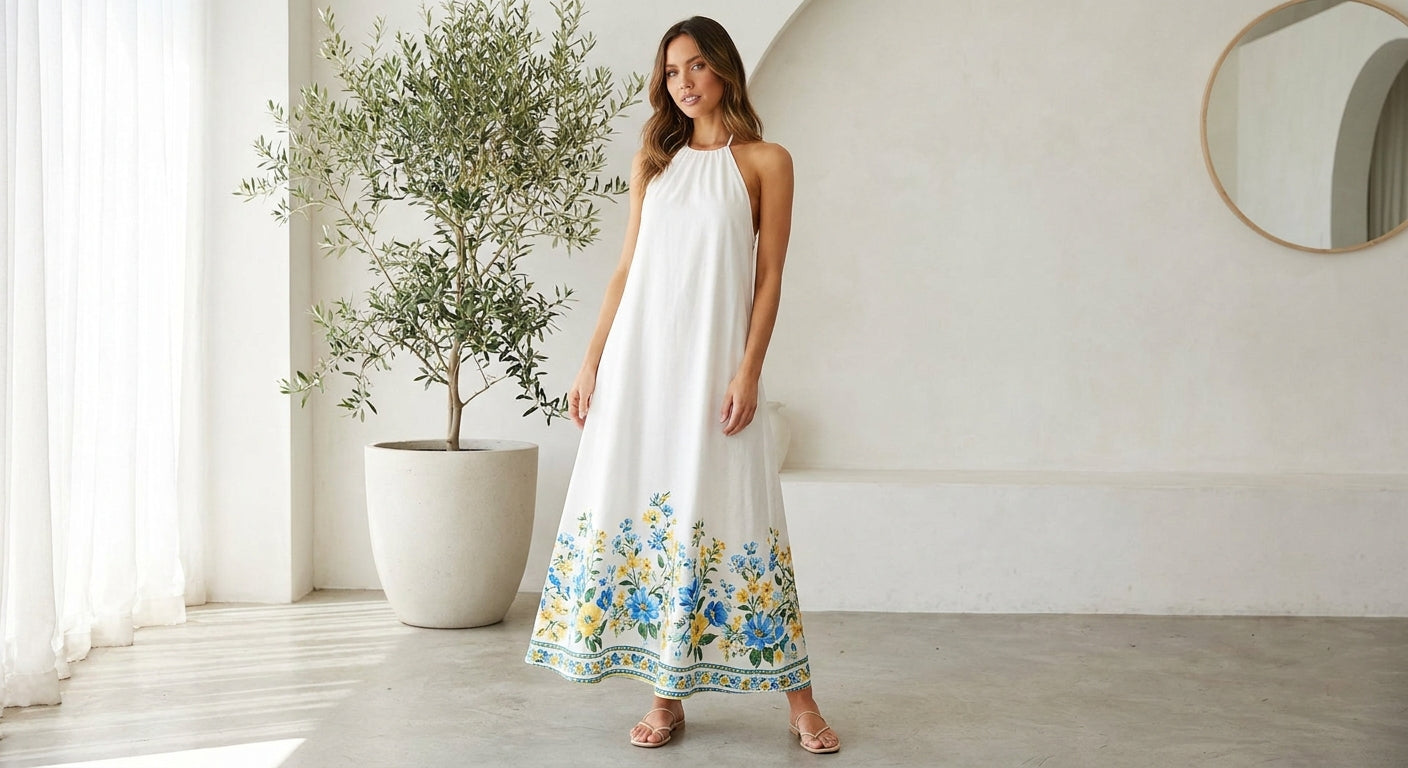 Women's Floral Border Print Maxi Dress | Elegant Halter Neck A-Line Summer Gown
